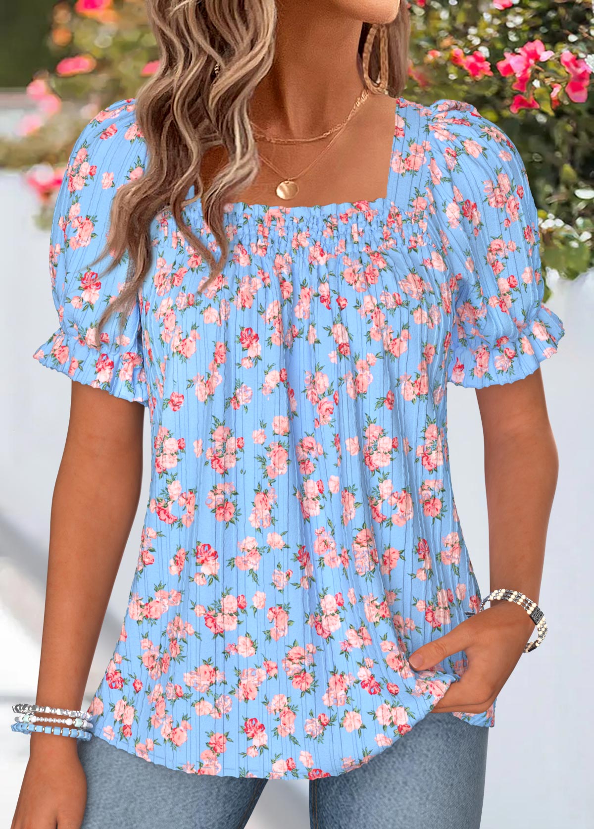 Light Blue Ditsy Floral Print Smocked Short Sleeve Blouse | picture 