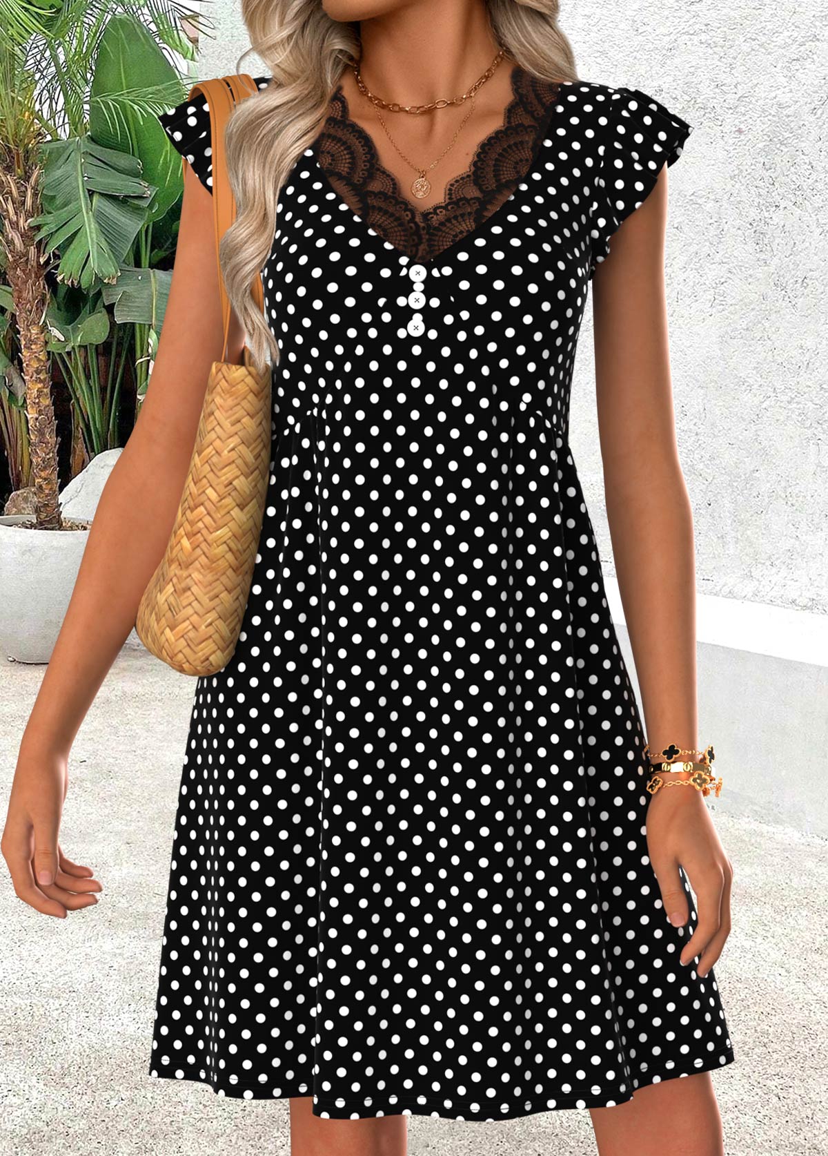 Black Polka Dot Short Shirred V Neck Dress | picture 