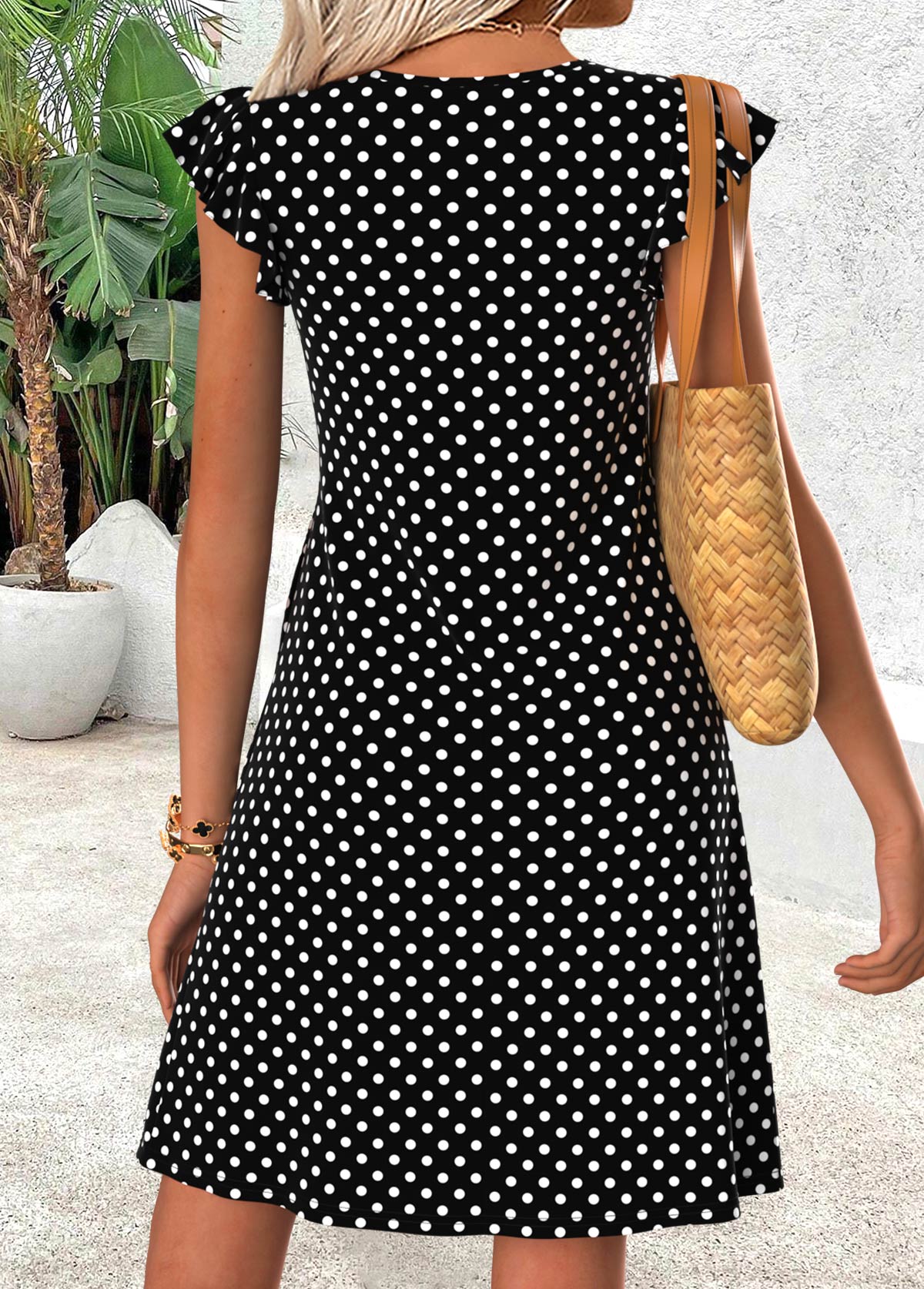 Black Polka Dot Short Shirred V Neck Dress | picture 
