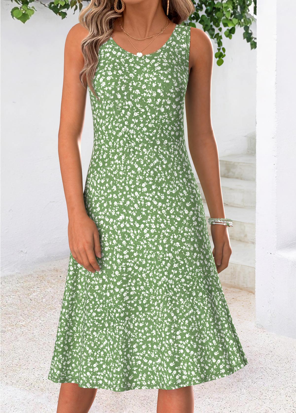 Green Ditsy Floral Print Tuck Stitch Dress and Cardigan | picture 