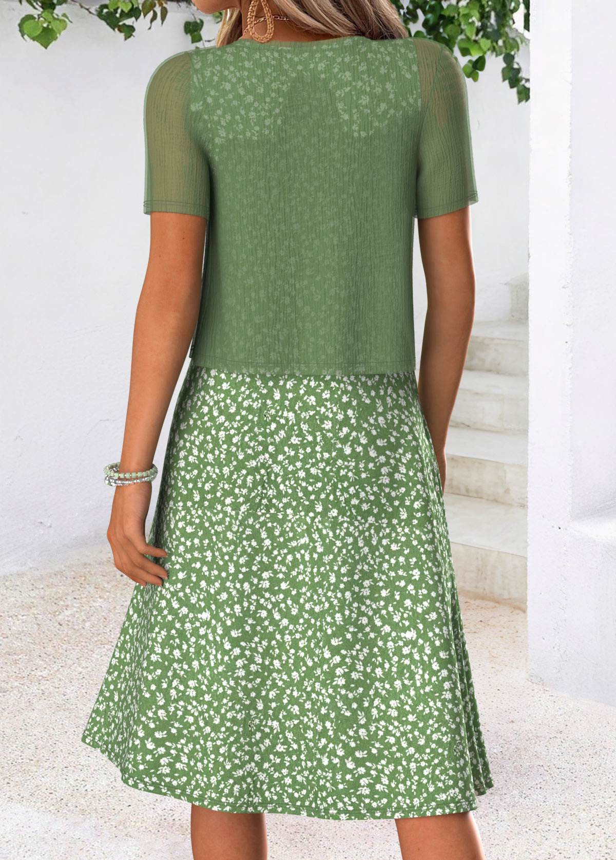 Green Ditsy Floral Print Tuck Stitch Dress and Cardigan | picture 