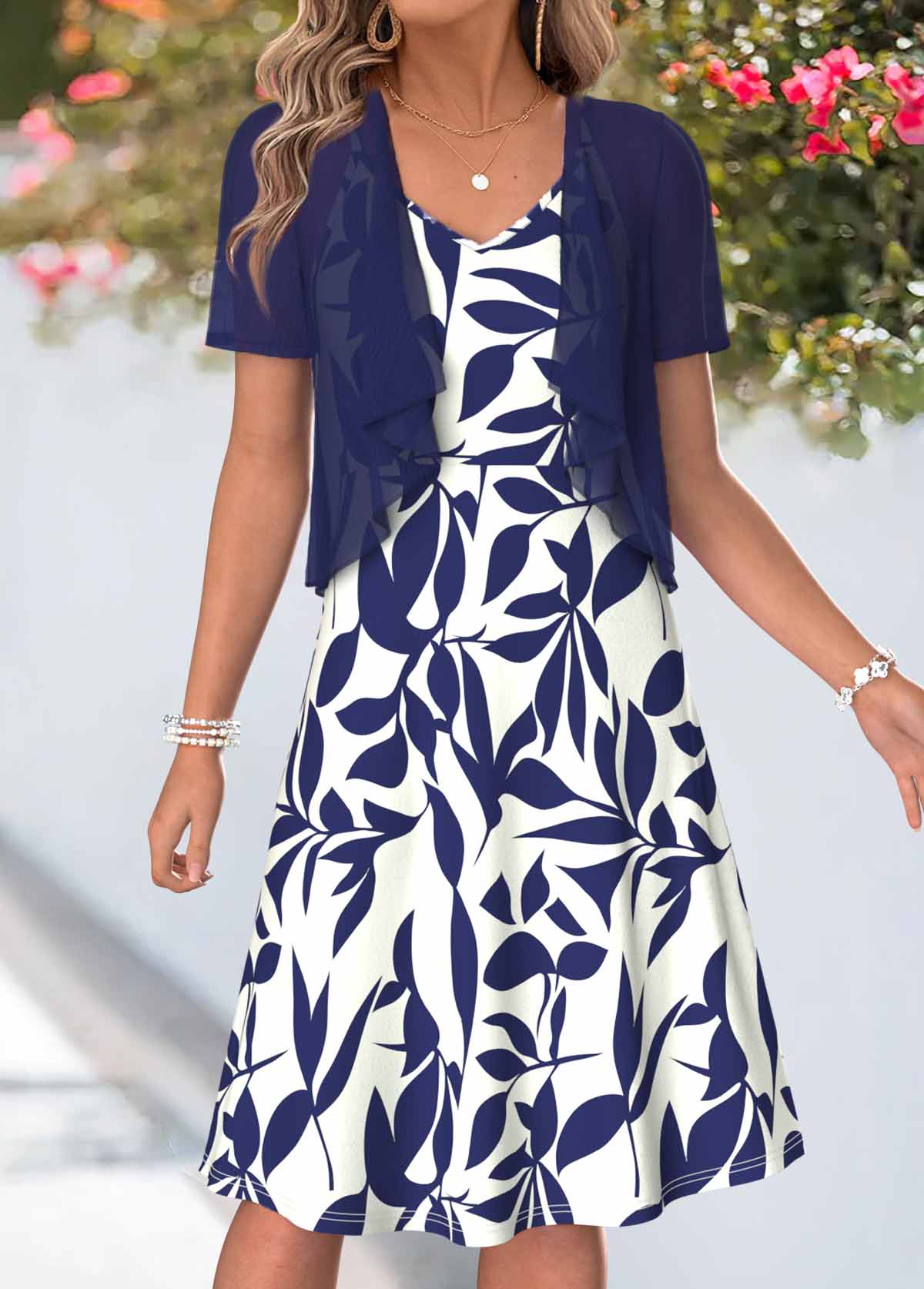 Navy Leaf Print Two-piece Short Sleeve Dress and Cardigan | picture 