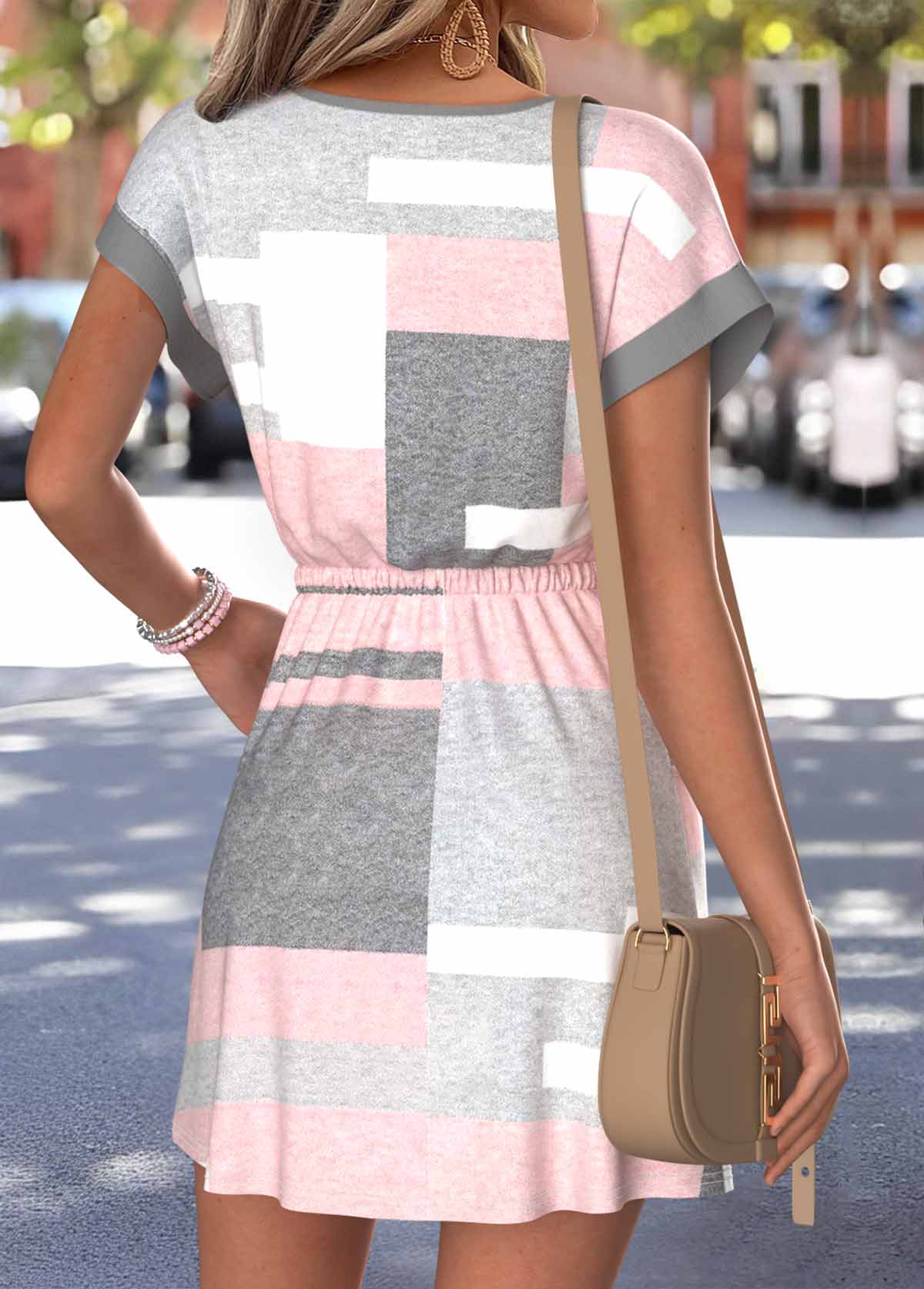 Light Pink Geometric Print Short Shirred Split Neck Dress | picture 