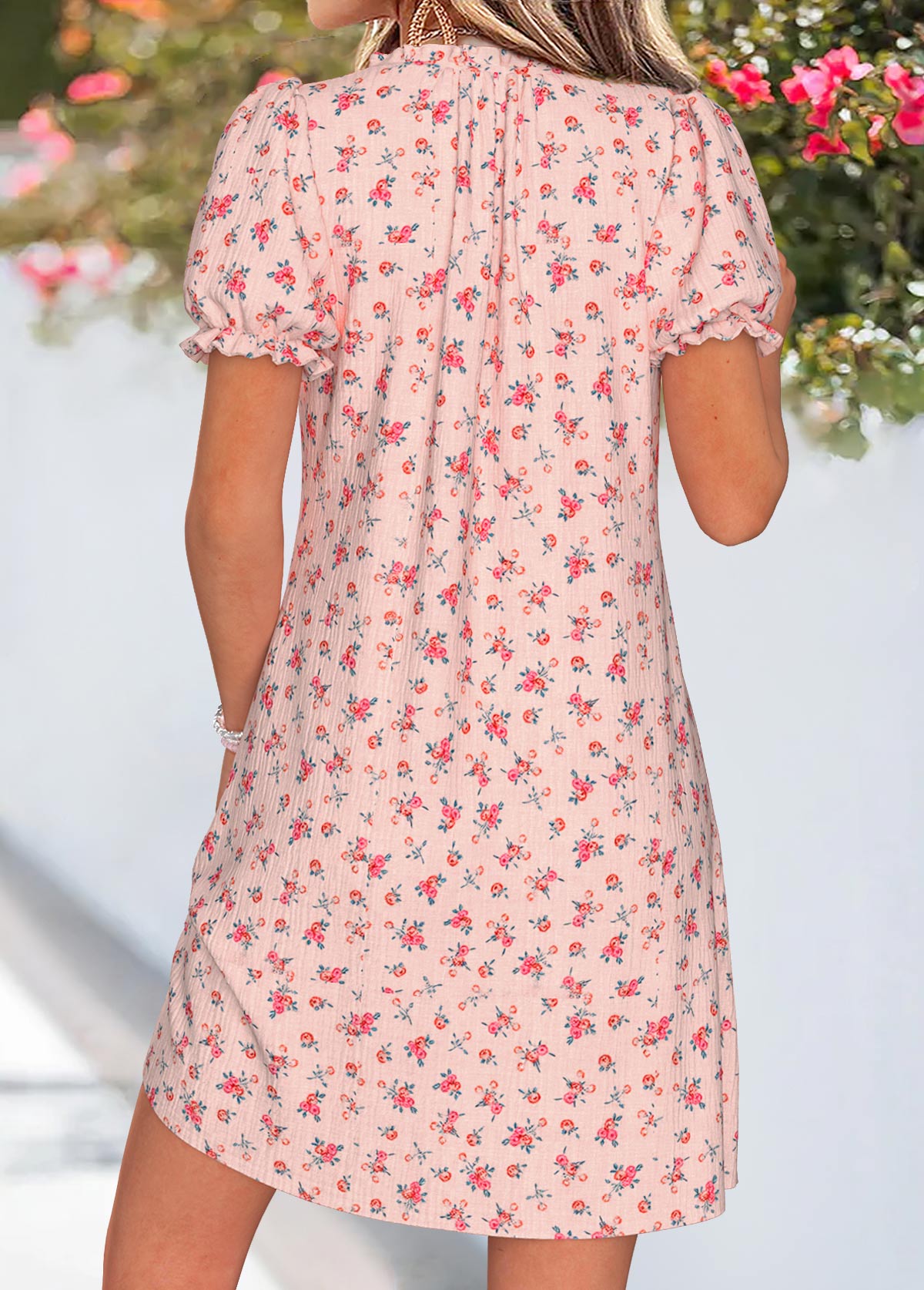 Light Pink Ditsy Floral Print Short Tuck Stitch Dress | picture 