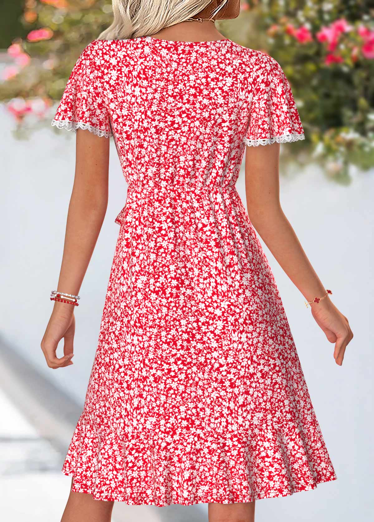 Red Ditsy Floral Print Short Surplice V Neck Dress | picture 