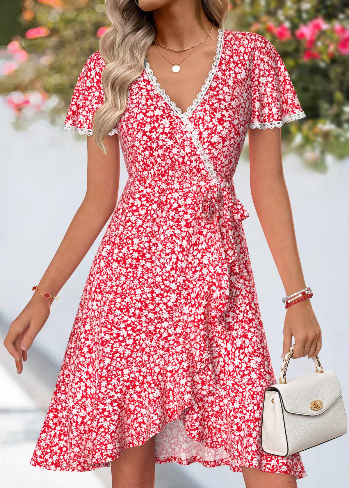 Red Ditsy Floral Print Short Surplice V Neck Dress | picture 