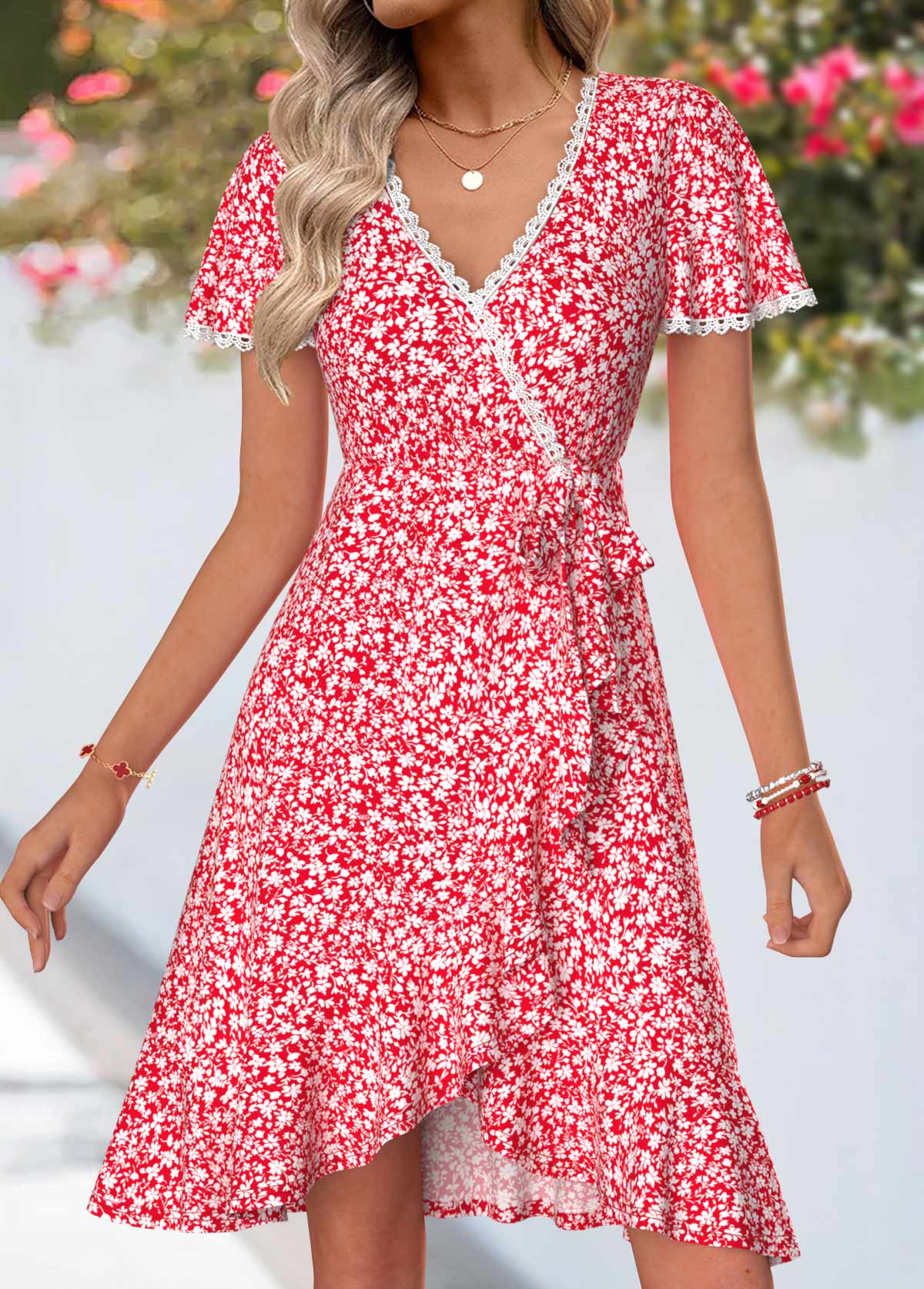 Red Ditsy Floral Print Short Surplice V Neck Dress | picture 