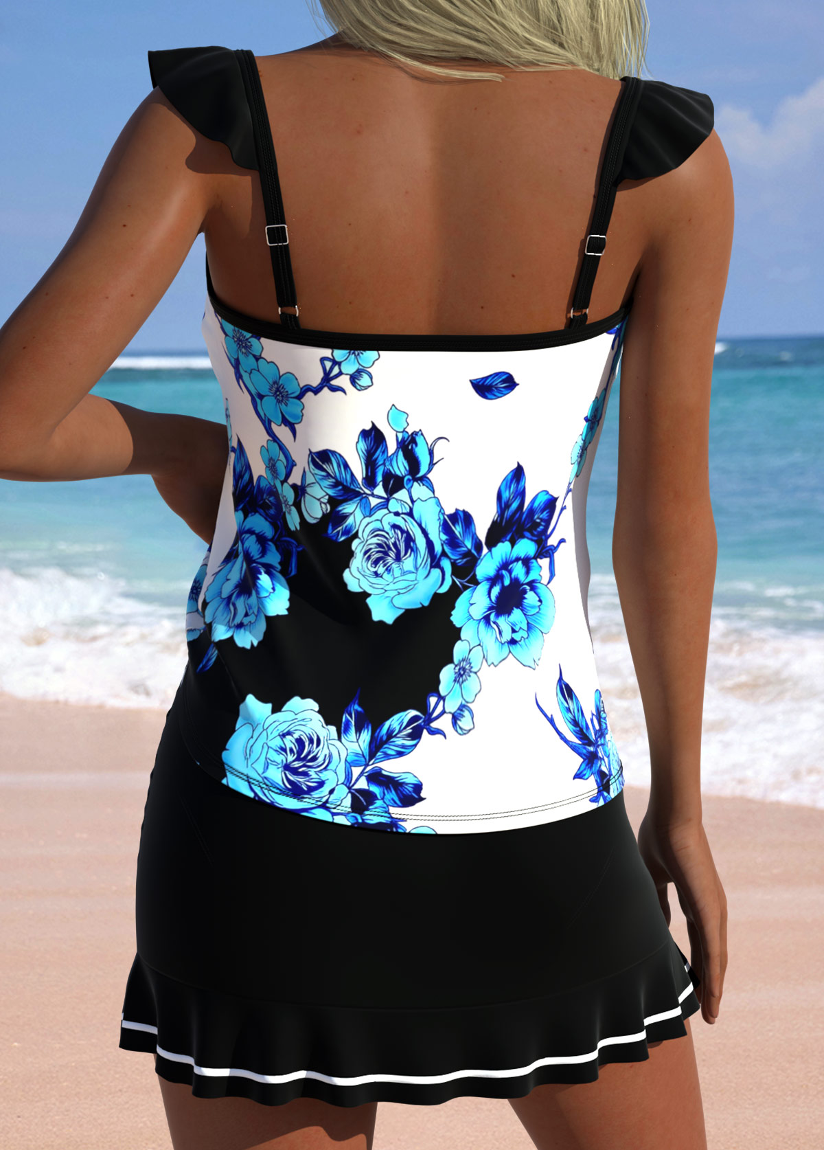 Black Mid Waisted Tummy Coverage Floral Print Tankini Set | picture 