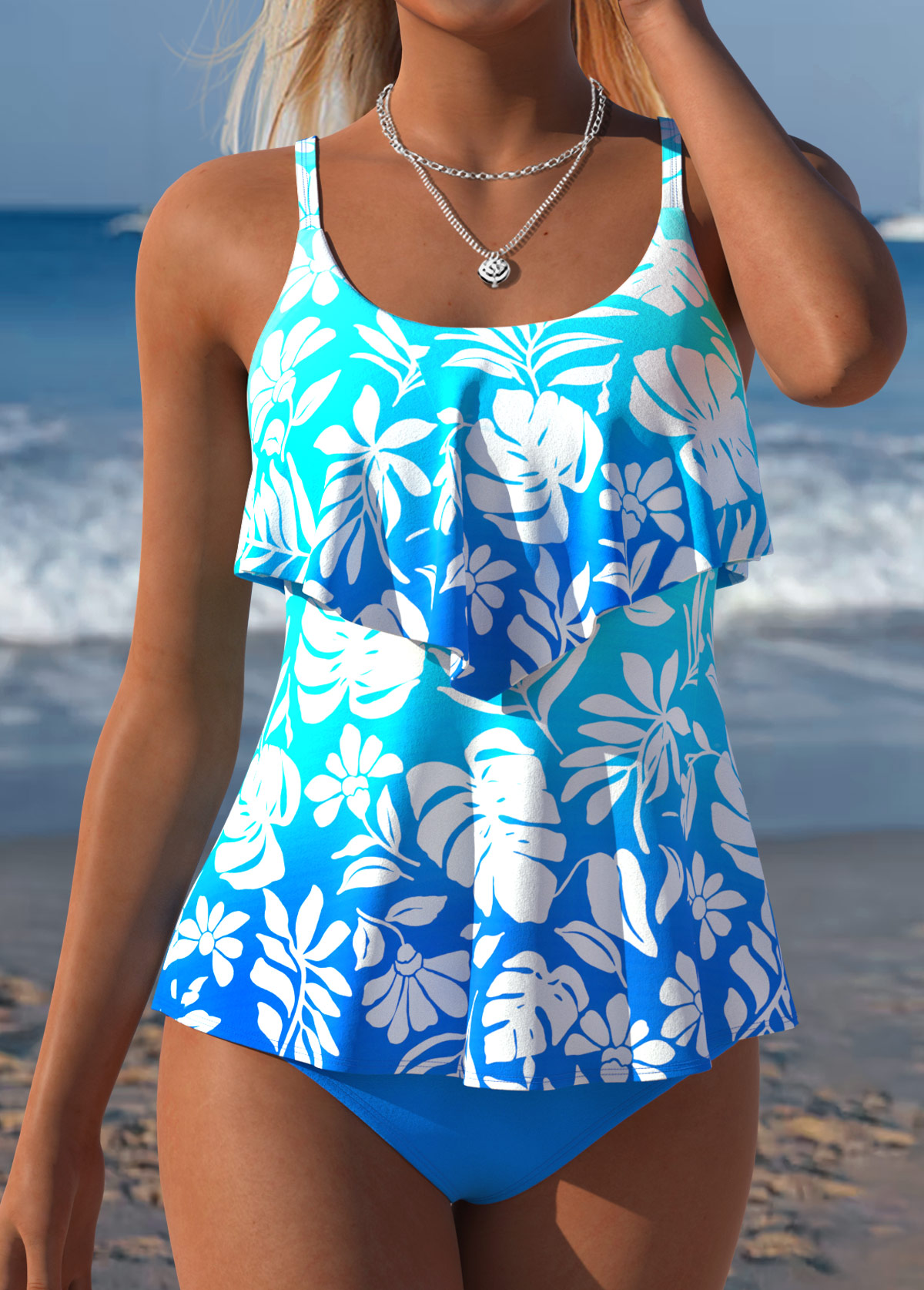 Sky Blue Mid Waisted Layered Tankini Set | picture 