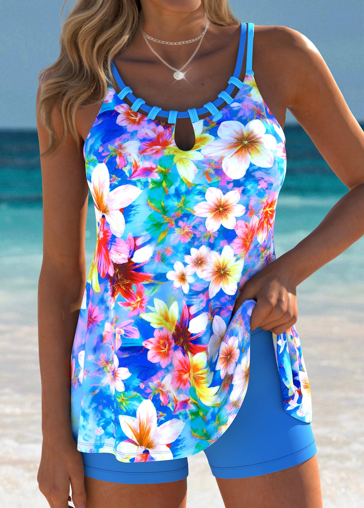 Blue Mid Waisted Lace Up Floral Print Tankini Set | picture 