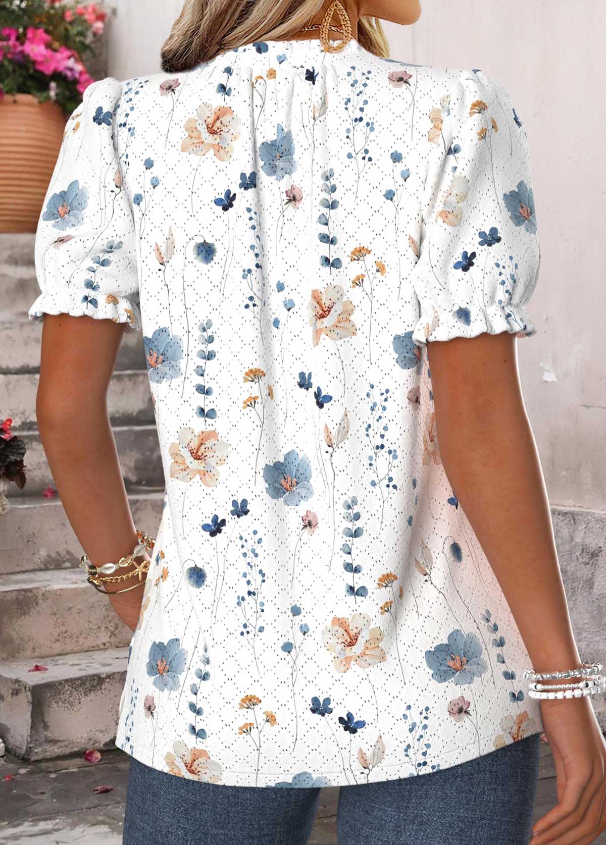 Raw White Floral Print Frill Short Sleeve T Shirt | picture 