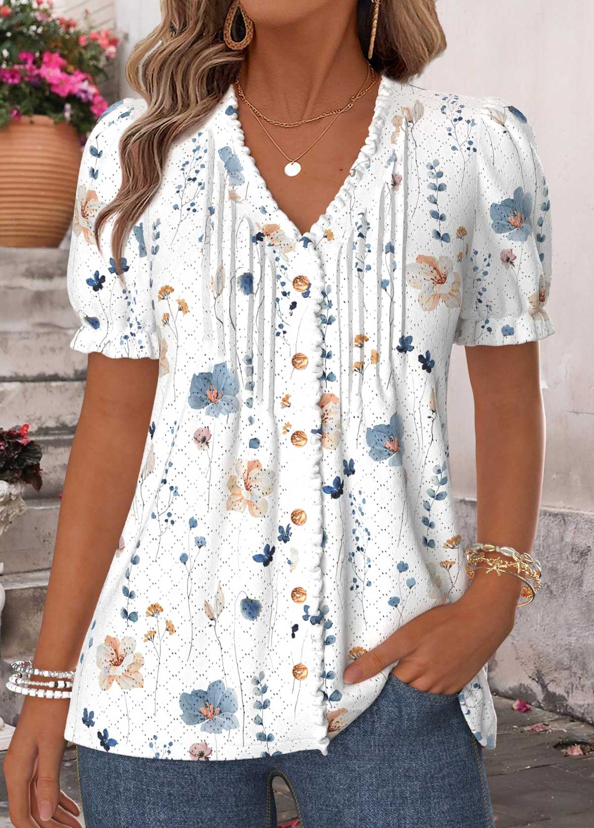 Raw White Floral Print Frill Short Sleeve T Shirt | picture 