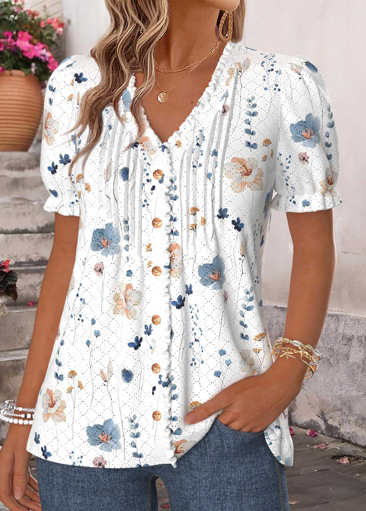 Raw White Floral Print Frill Short Sleeve T Shirt | picture 