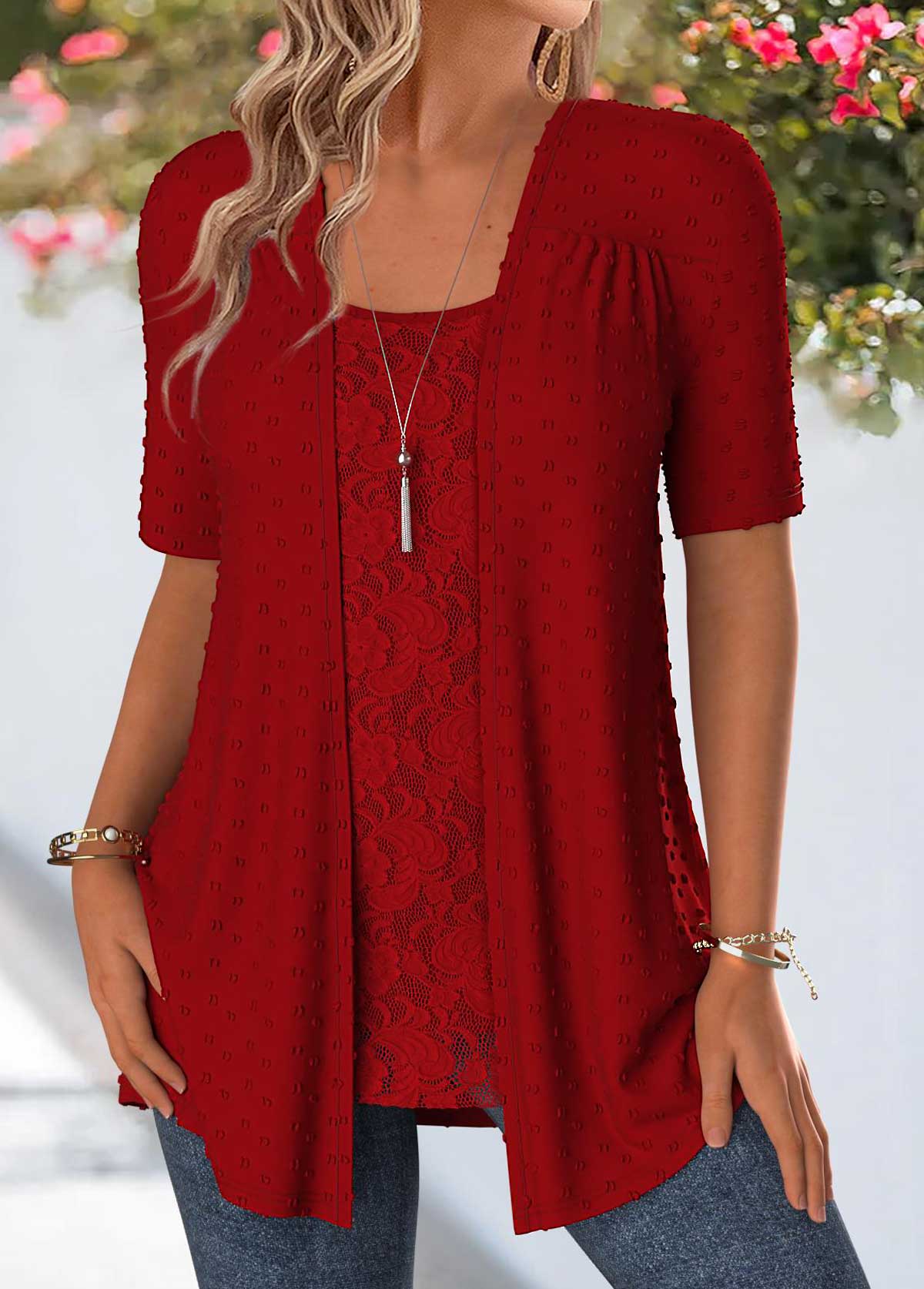 Red Short Sleeve Fake Two Piece Twinset | picture 