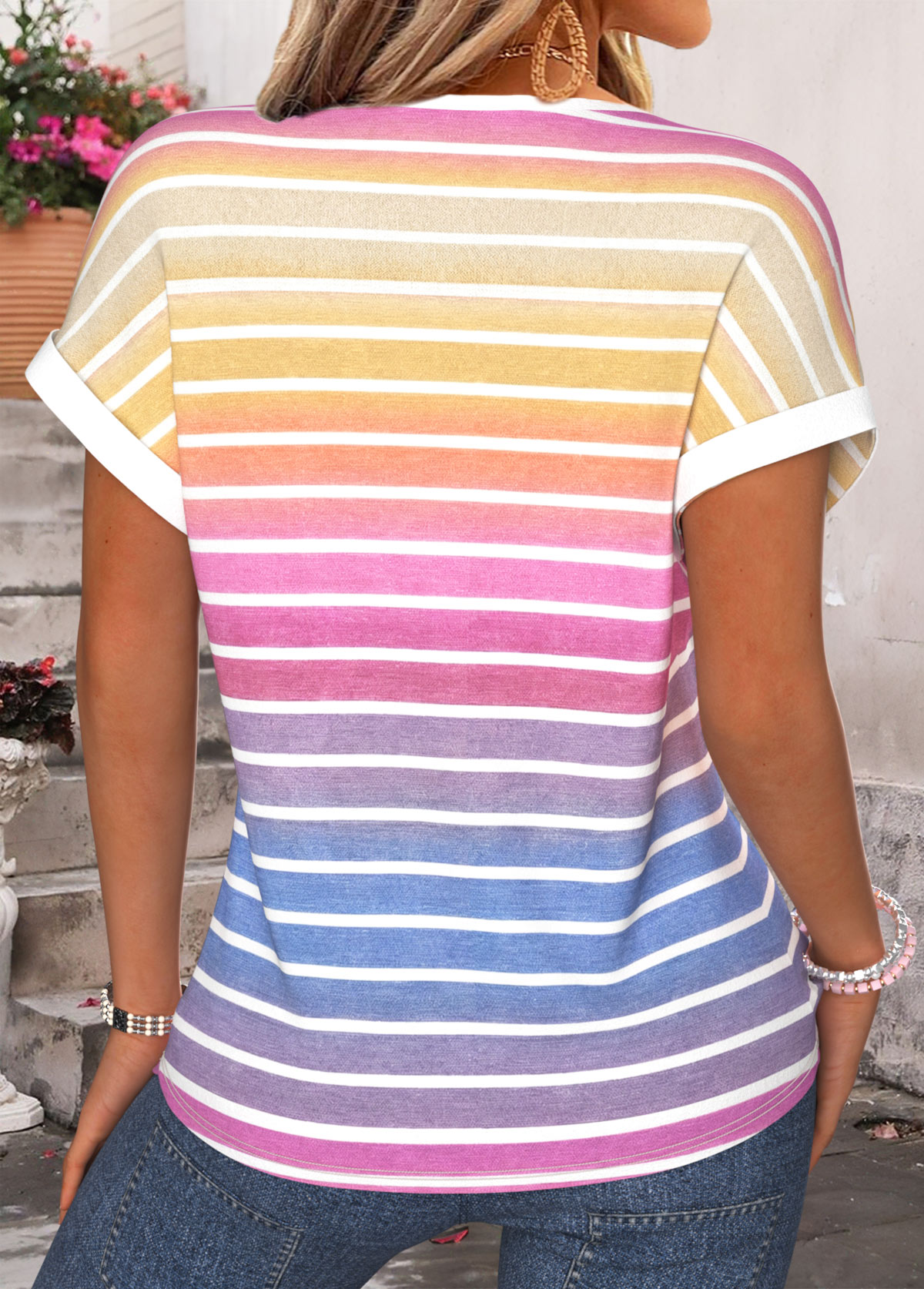 Multi Color Striped Tummy Coverage Short Sleeve T Shirt | picture 