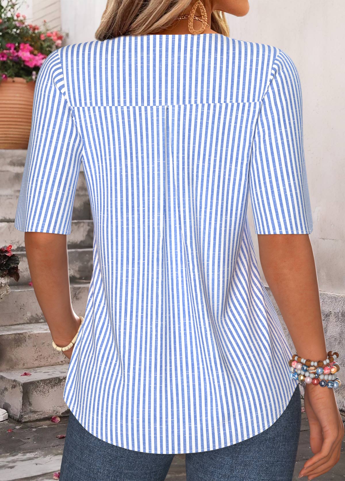 Blue Striped Ruffle Half Sleeve V Neck Blouse | picture 