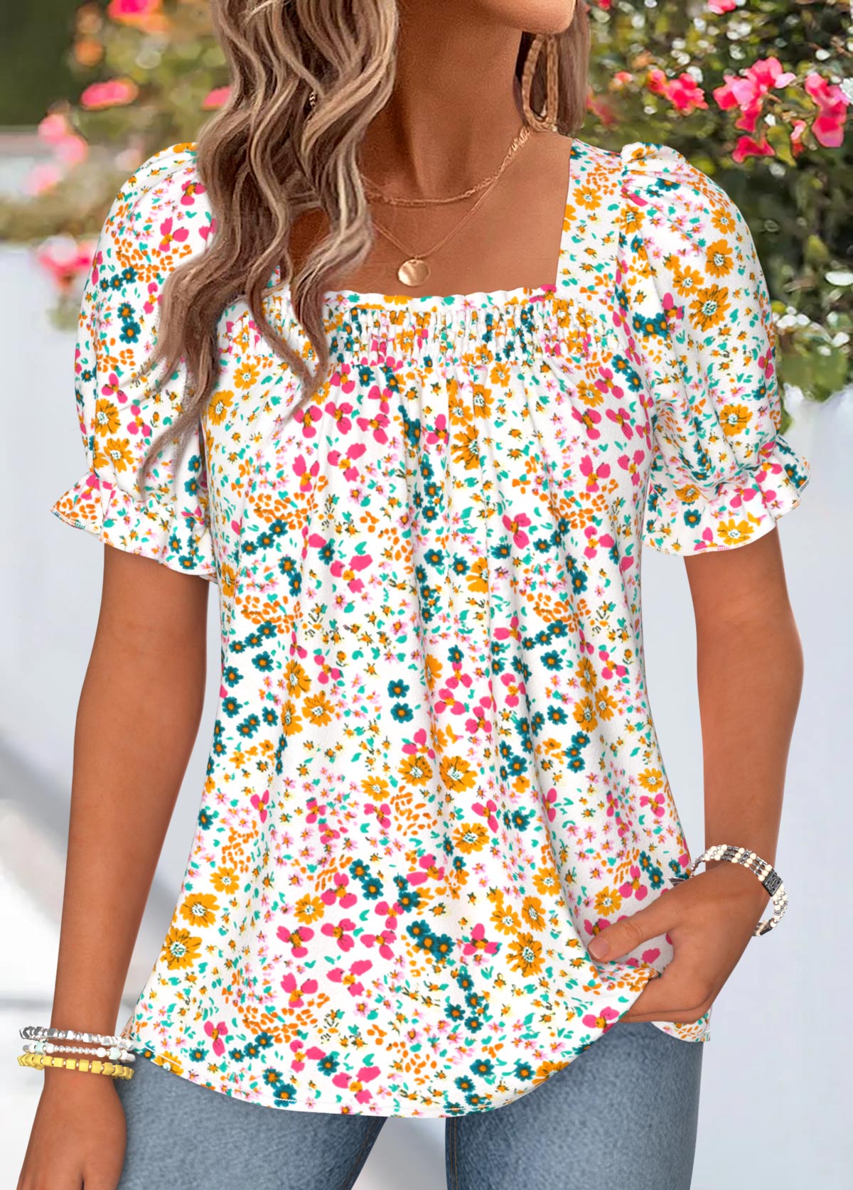 Multi Color Ditsy Floral Print Smocked Short Sleeve Blouse | picture 