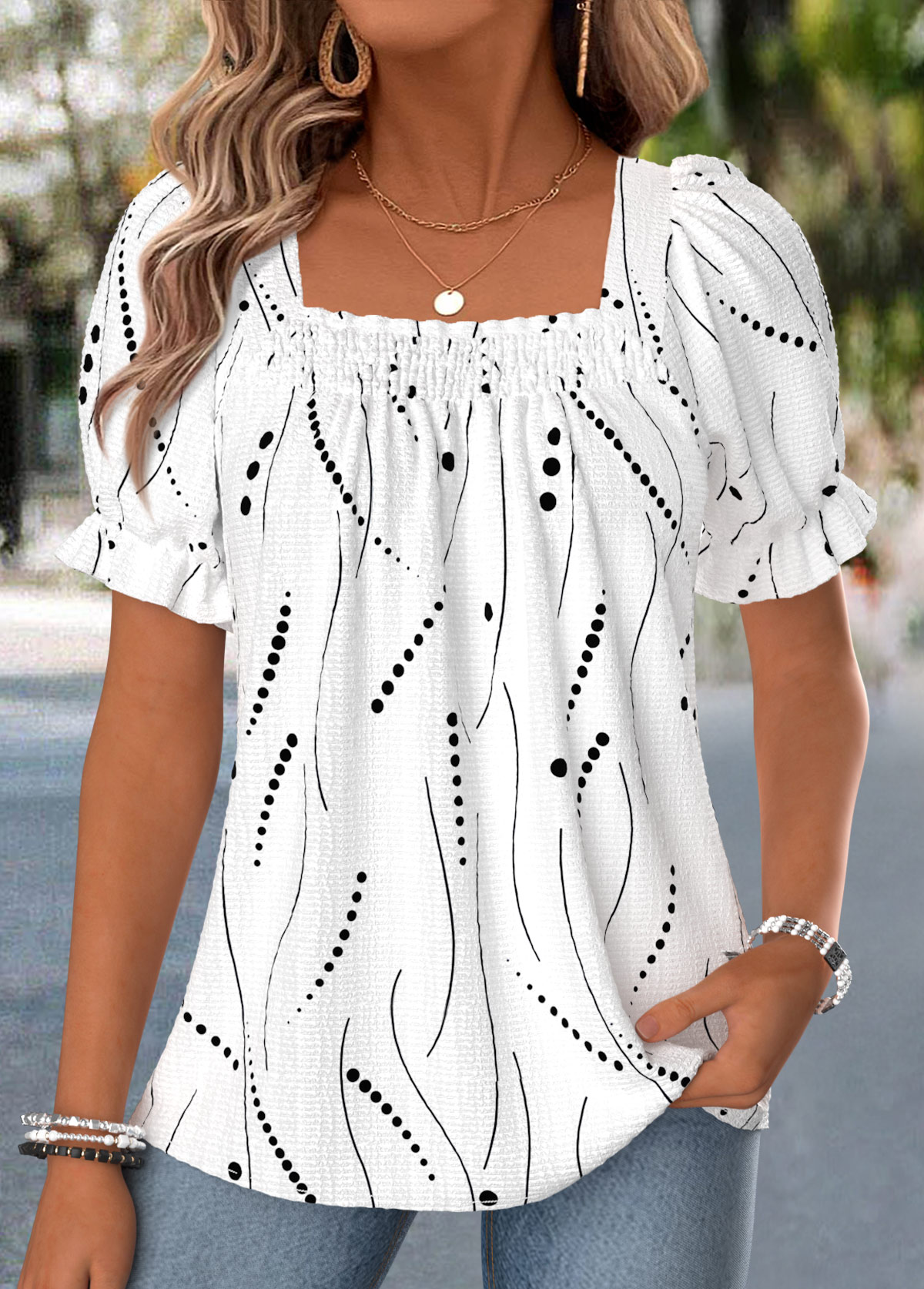 White Polka Dot Smocked Short Sleeve Square Neck Blouse | picture 