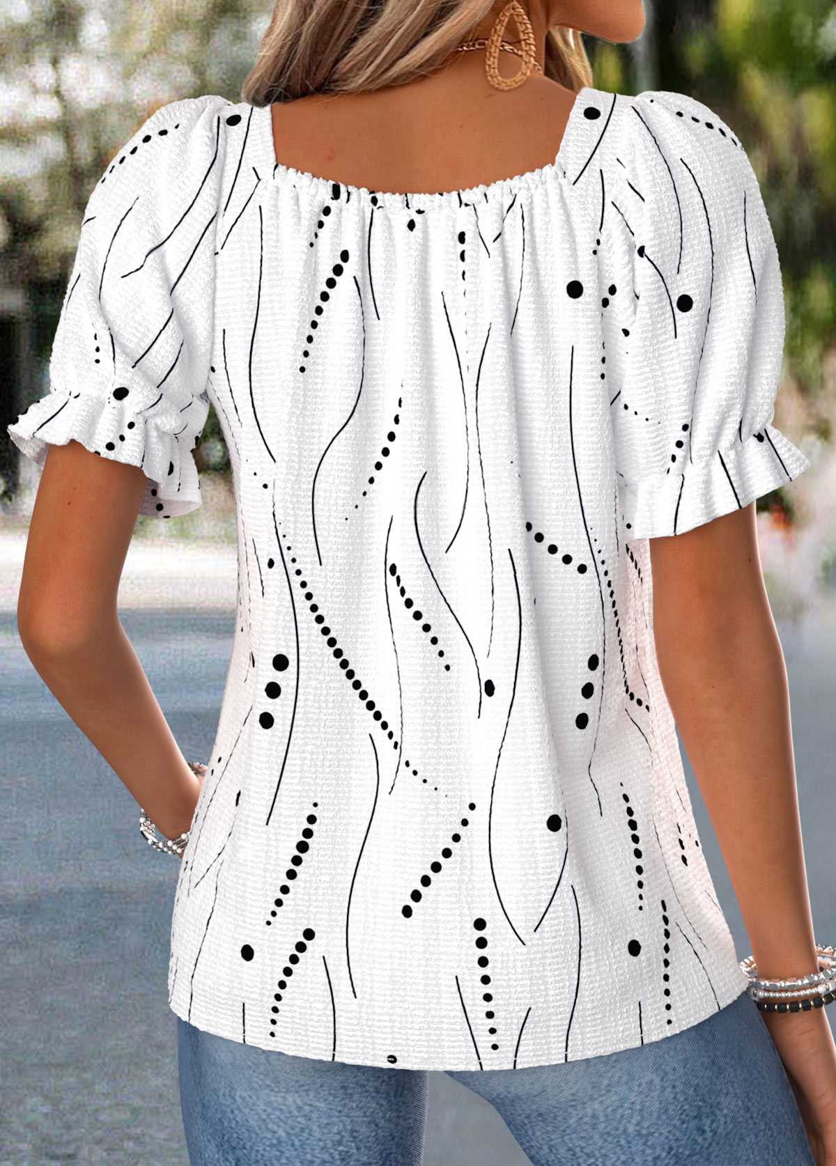 White Polka Dot Smocked Short Sleeve Square Neck Blouse | picture 