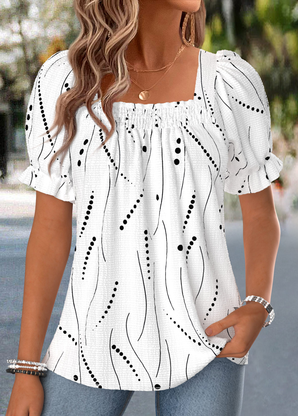 White Polka Dot Smocked Short Sleeve Square Neck Blouse | picture 