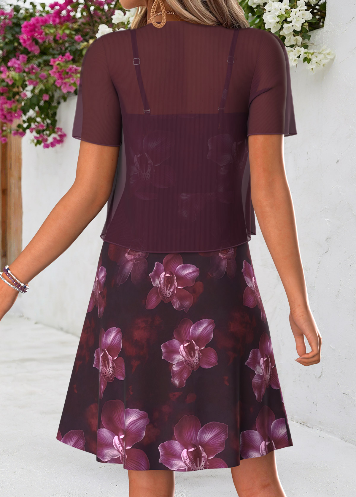 Purple Floral Print Tummy Coverage Dress and Cardigan | picture 