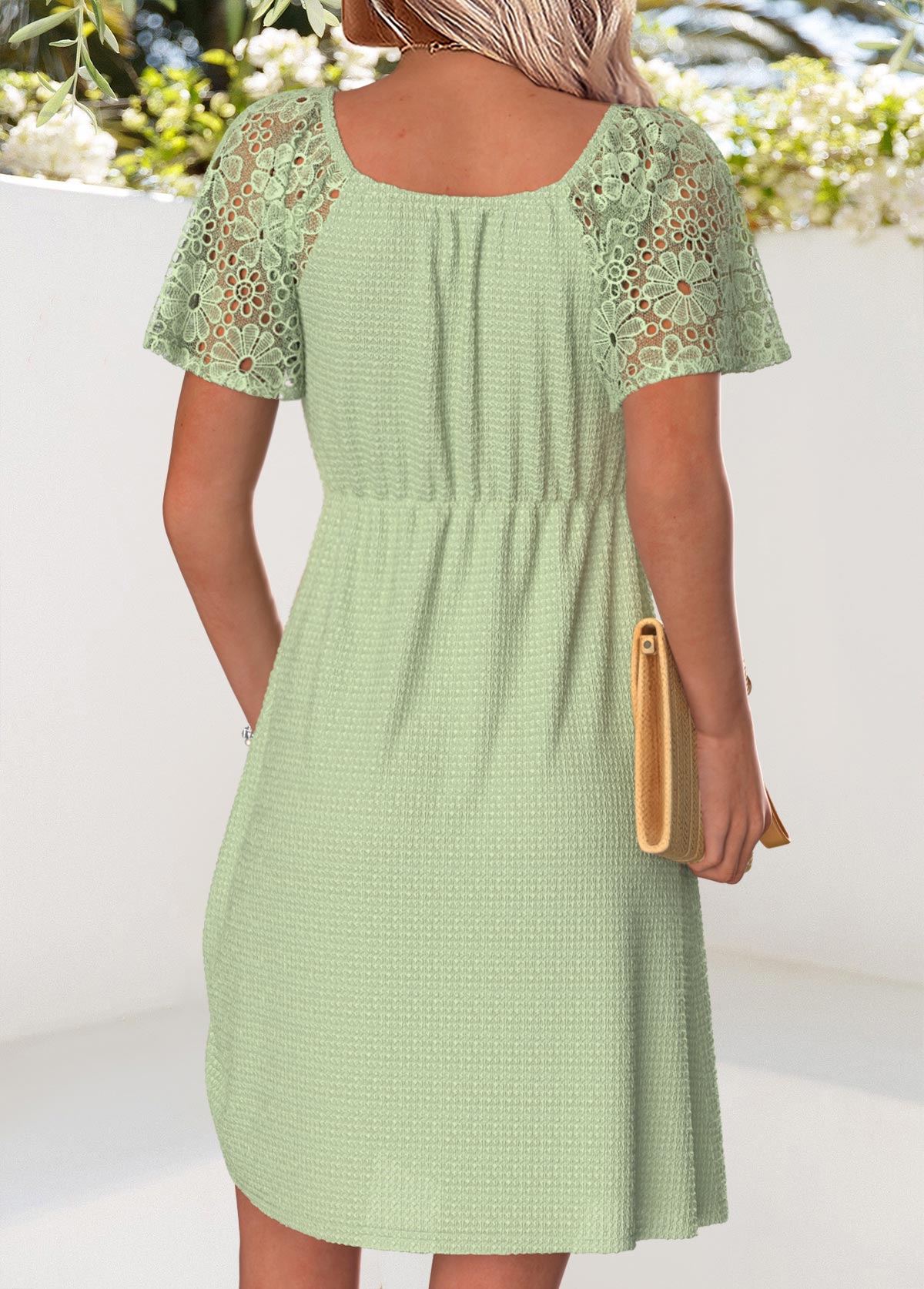 Sage Green Short Patchwork V Neck Dress | picture 