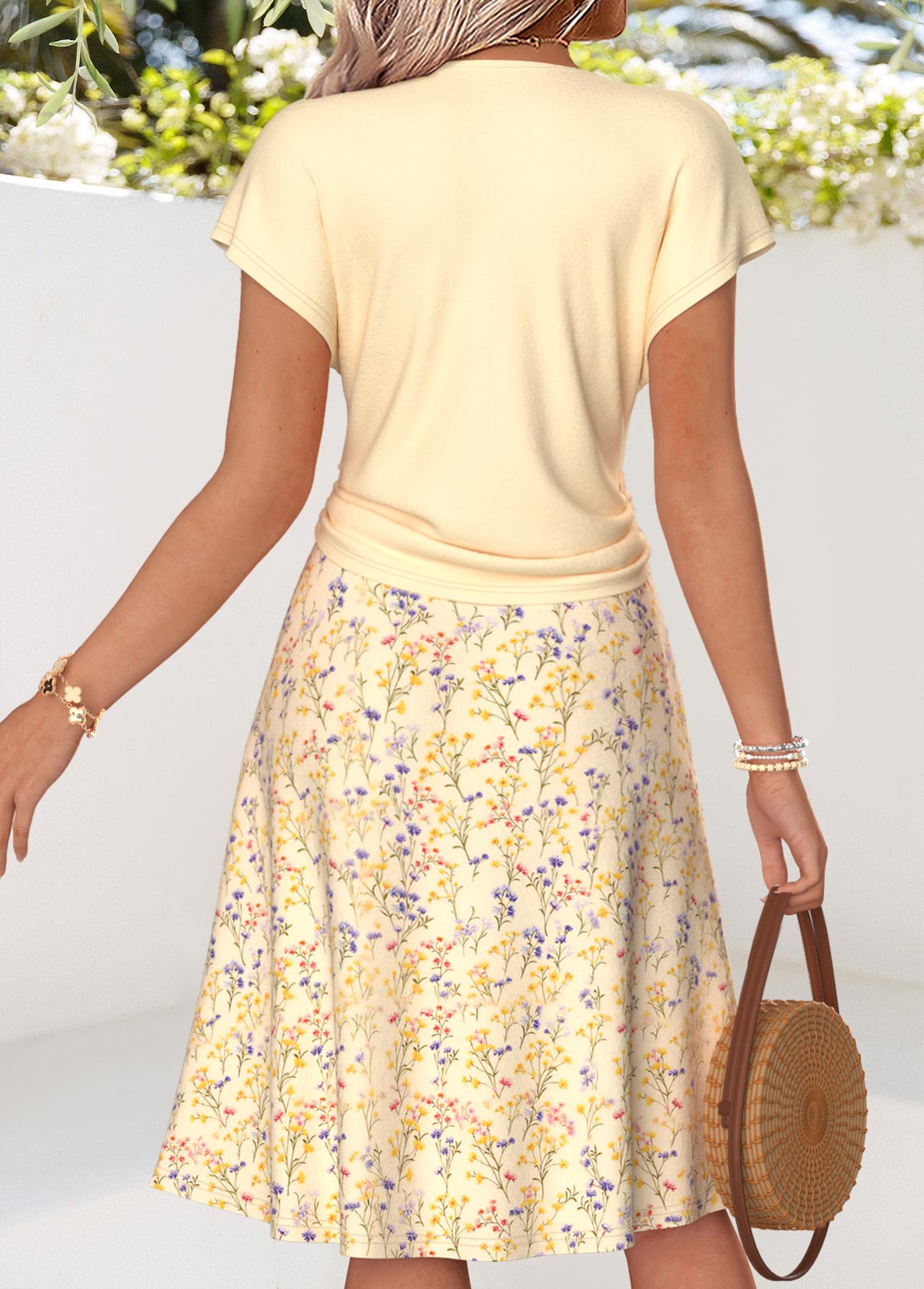 Light Yellow Ditsy Floral Print Two-piece Top and Skirt | picture 