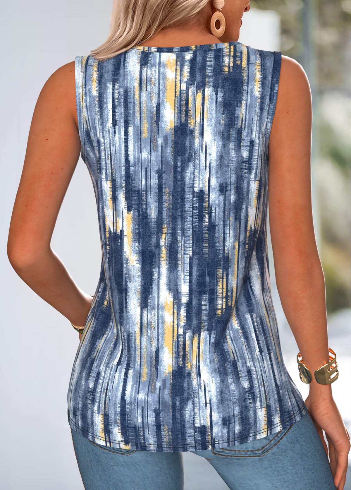 Navy Geometric Print Tummy Coverage Sleeveless Tank Top | picture 