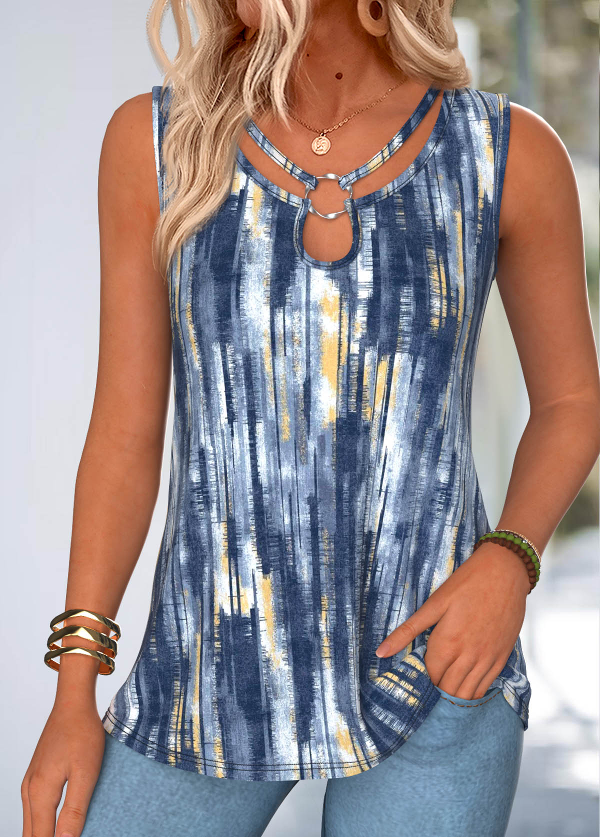 Navy Geometric Print Tummy Coverage Sleeveless Tank Top | picture 