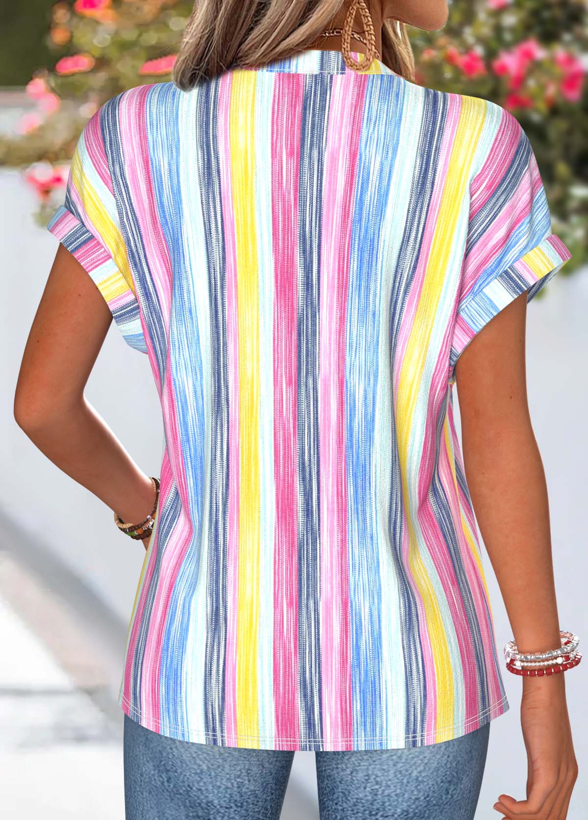 Multi Color Striped Short Sleeve Split Neck T Shirt | picture 