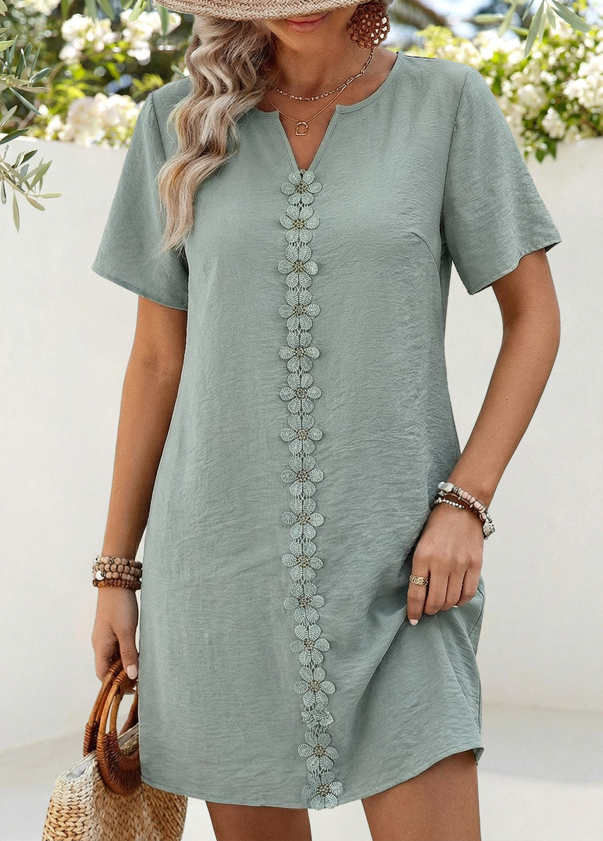 Dusty Blue Short Belted Split Neck Dress | picture 