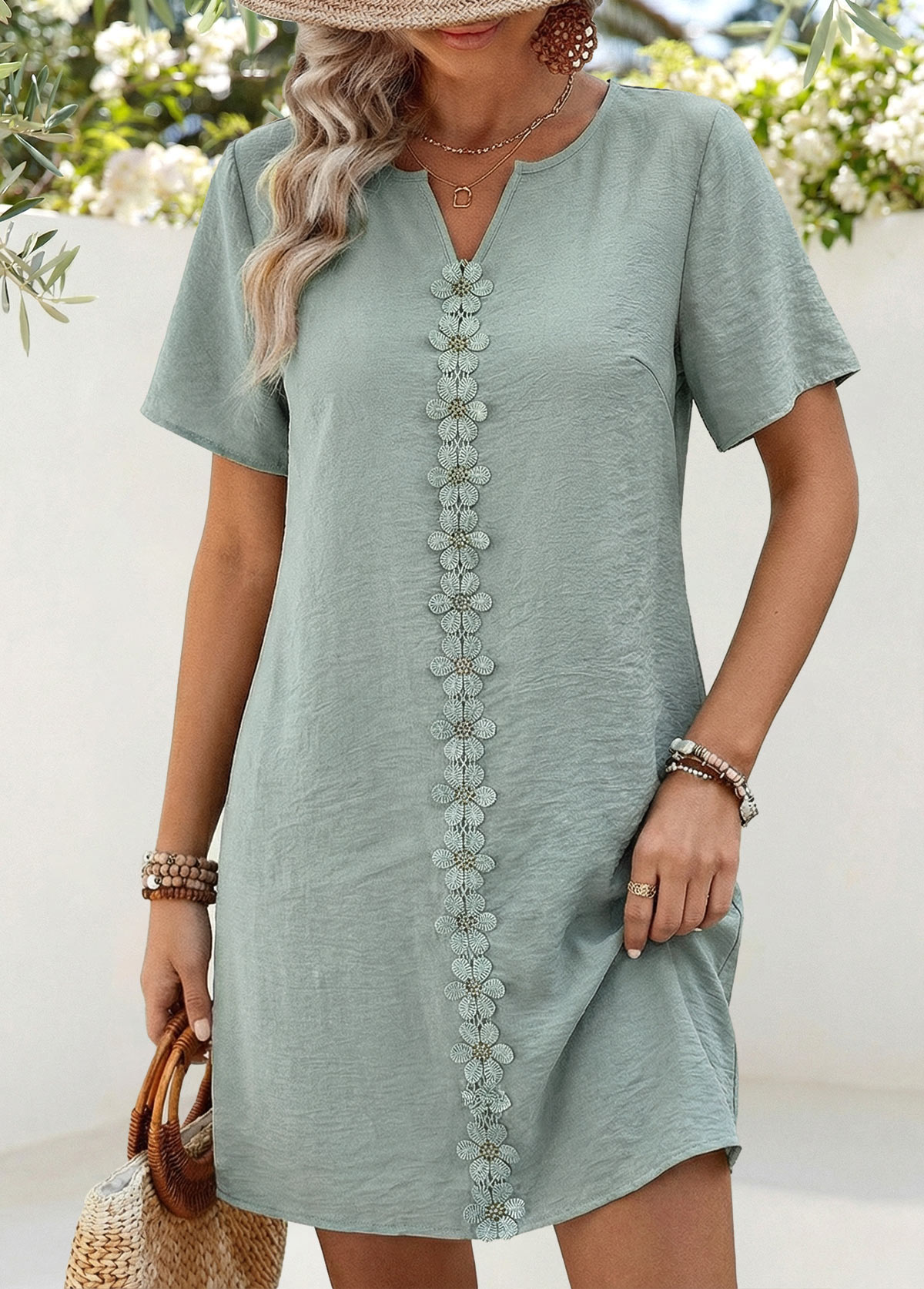 Dusty Blue Short Belted Split Neck Dress | picture 