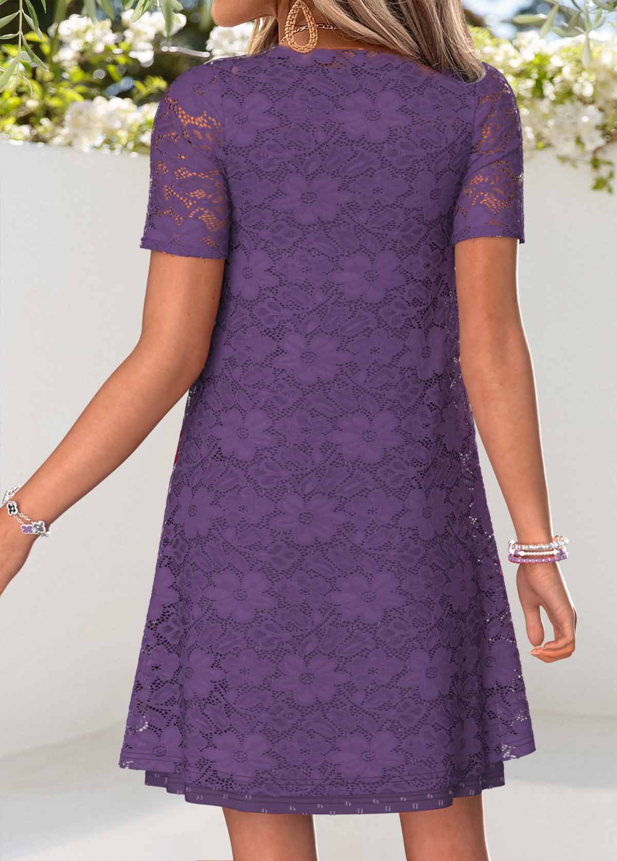 Purple Two-piece Short Sleeve Round Neck Dress and Cardigan | picture 