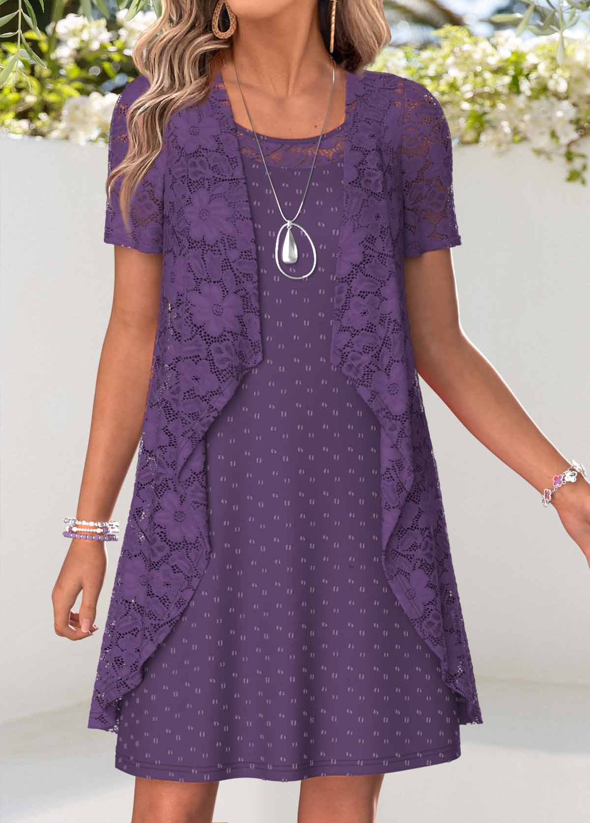 Purple Two-piece Short Sleeve Round Neck Dress and Cardigan | picture 