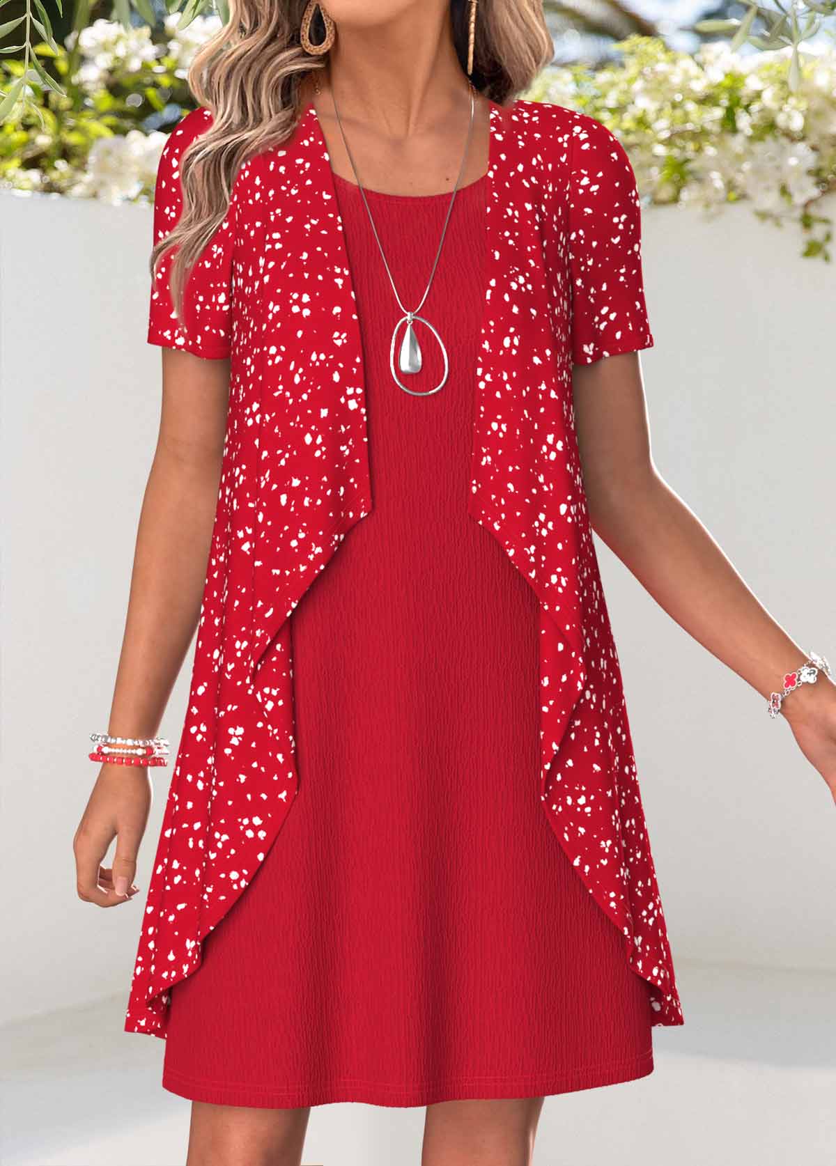 Red Polka Dot Two-piece Short Sleeve Round Neck Dress | picture 
