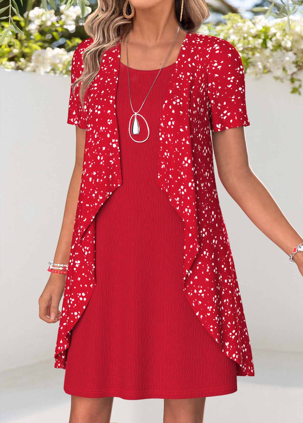 Red Polka Dot Two-piece Short Sleeve Round Neck Dress | picture 