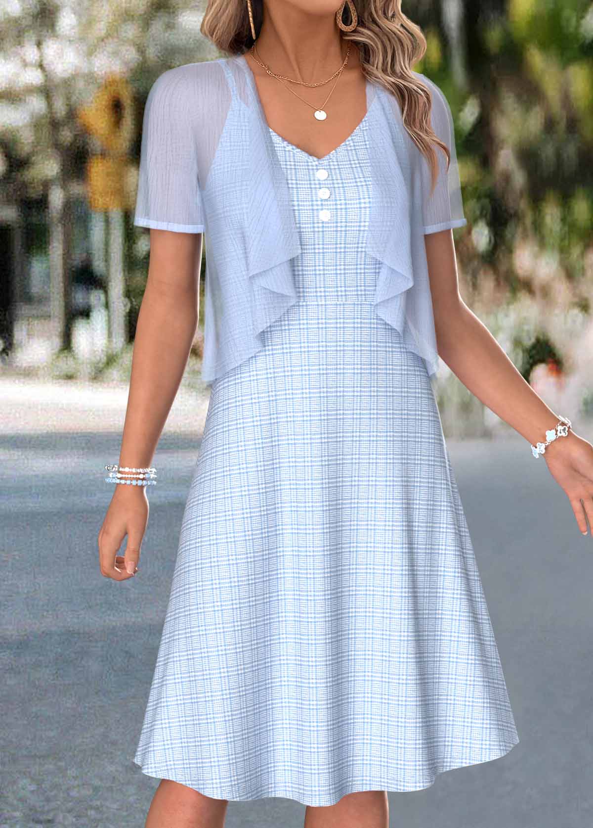 Light Blue Two-piece Short Sleeve Dress and Cardigan | picture 