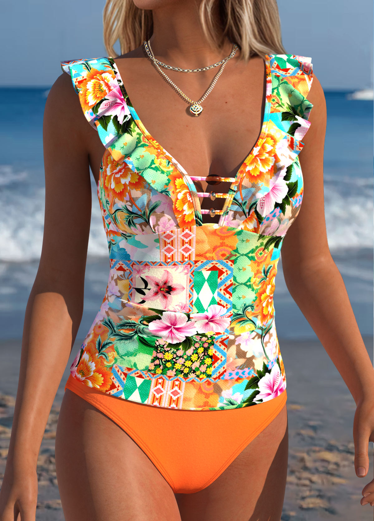 Orange Mid Waisted Ruffle Bohemian Print Tankini Set | picture 