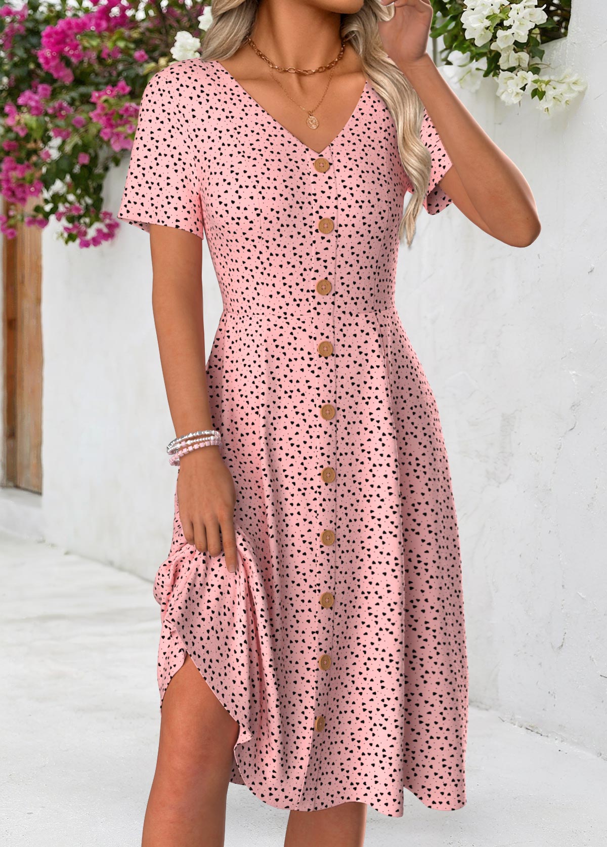 Pink Polka Dot Short Sleeve V Neck Dress | picture 