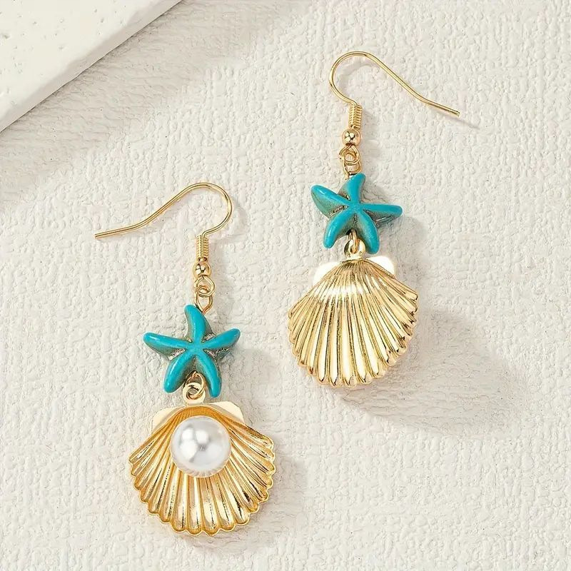 Golden Shell Round Pearl Alloy Earrings | picture 