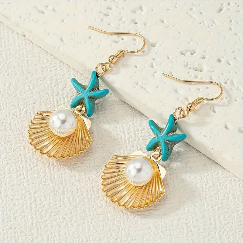Golden Shell Round Pearl Alloy Earrings | picture 