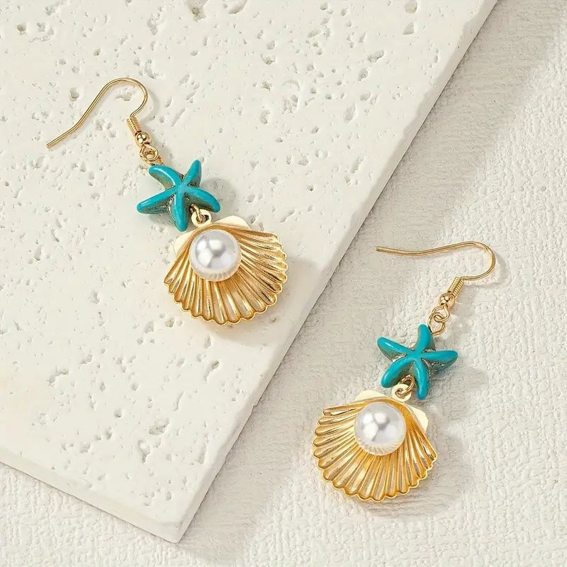 Golden Shell Round Pearl Alloy Earrings | picture 