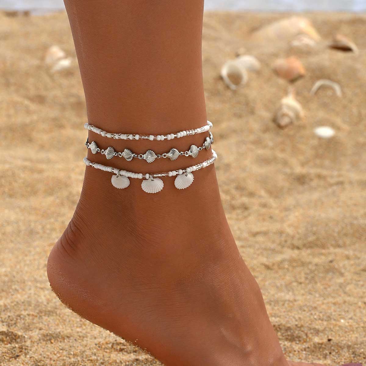 White Round Shell Beaded Alloy Anklets | picture 