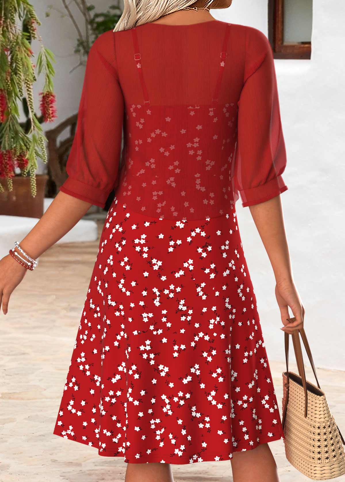 Red Ditsy Floral Print Shirred Dress and Cardigan | picture 