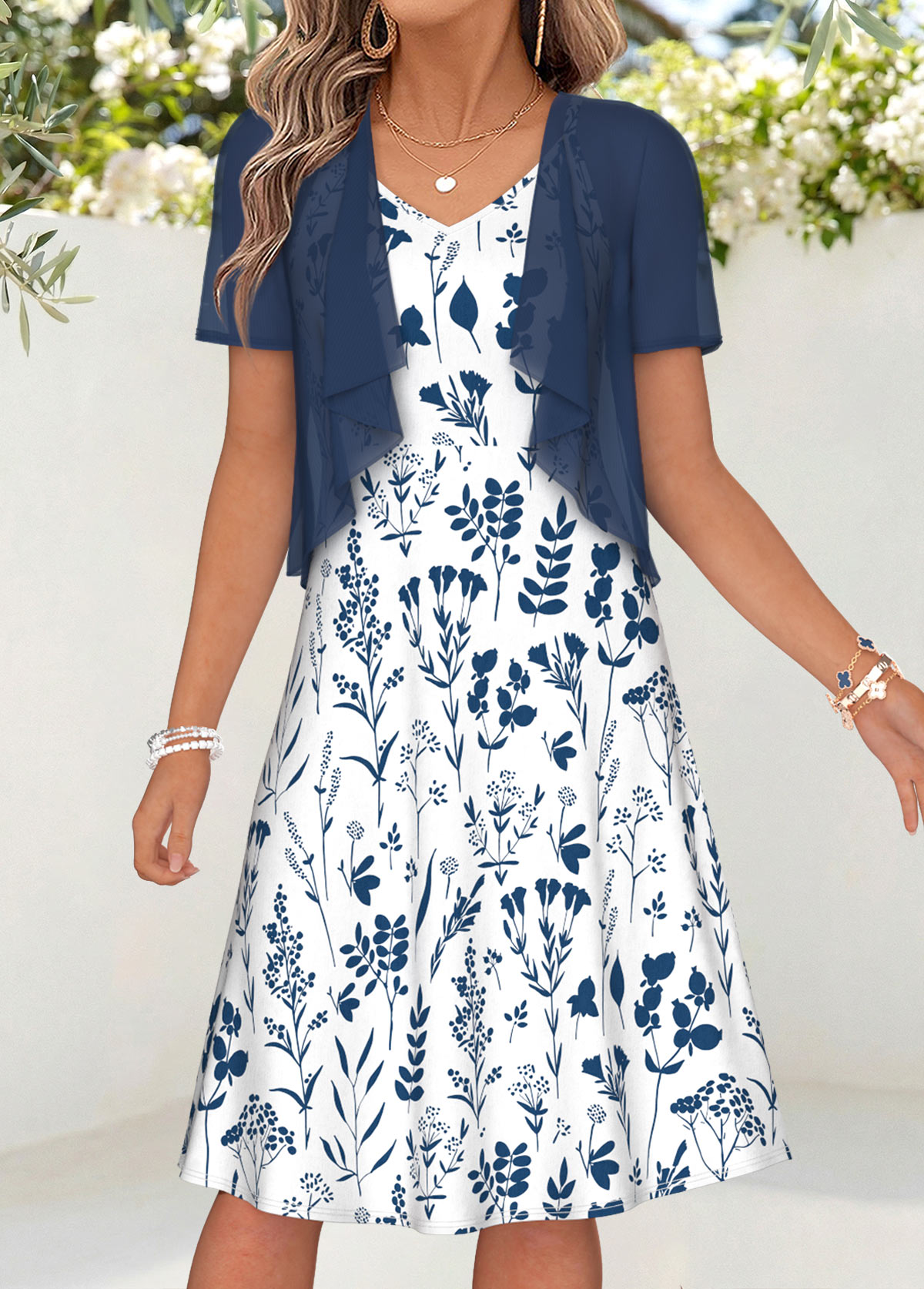 Navy Floral Print Two-piece Short Sleeve Dress and Cardigan | picture 