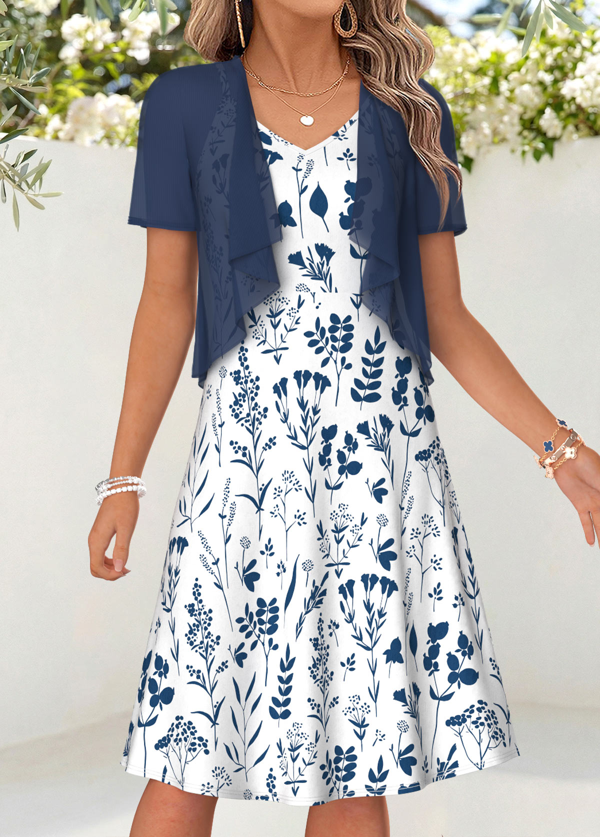 Navy Floral Print Two-piece Short Sleeve Dress and Cardigan | picture 