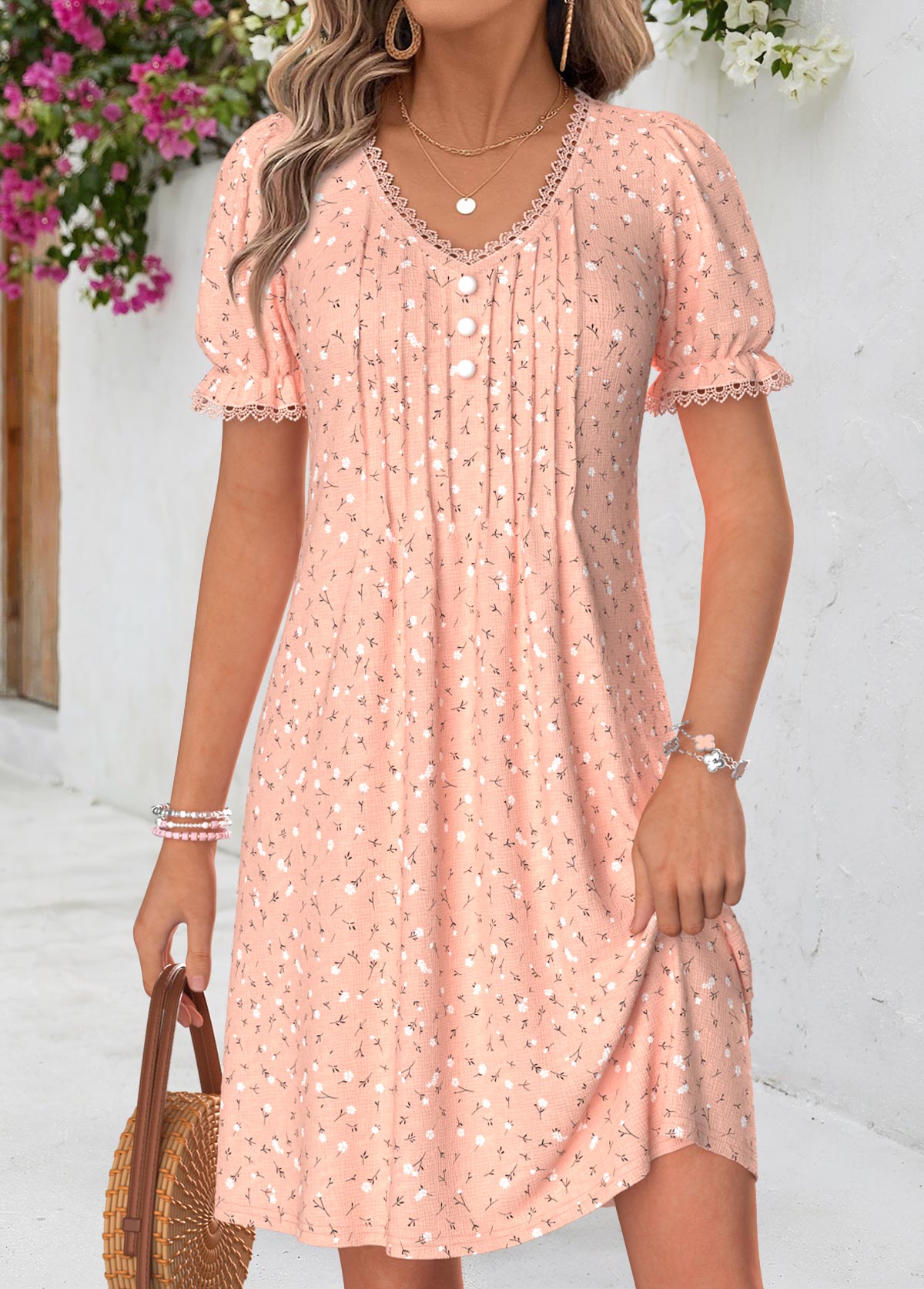 Pink Ditsy Floral Print Short Tuck Stitch Dress | picture 