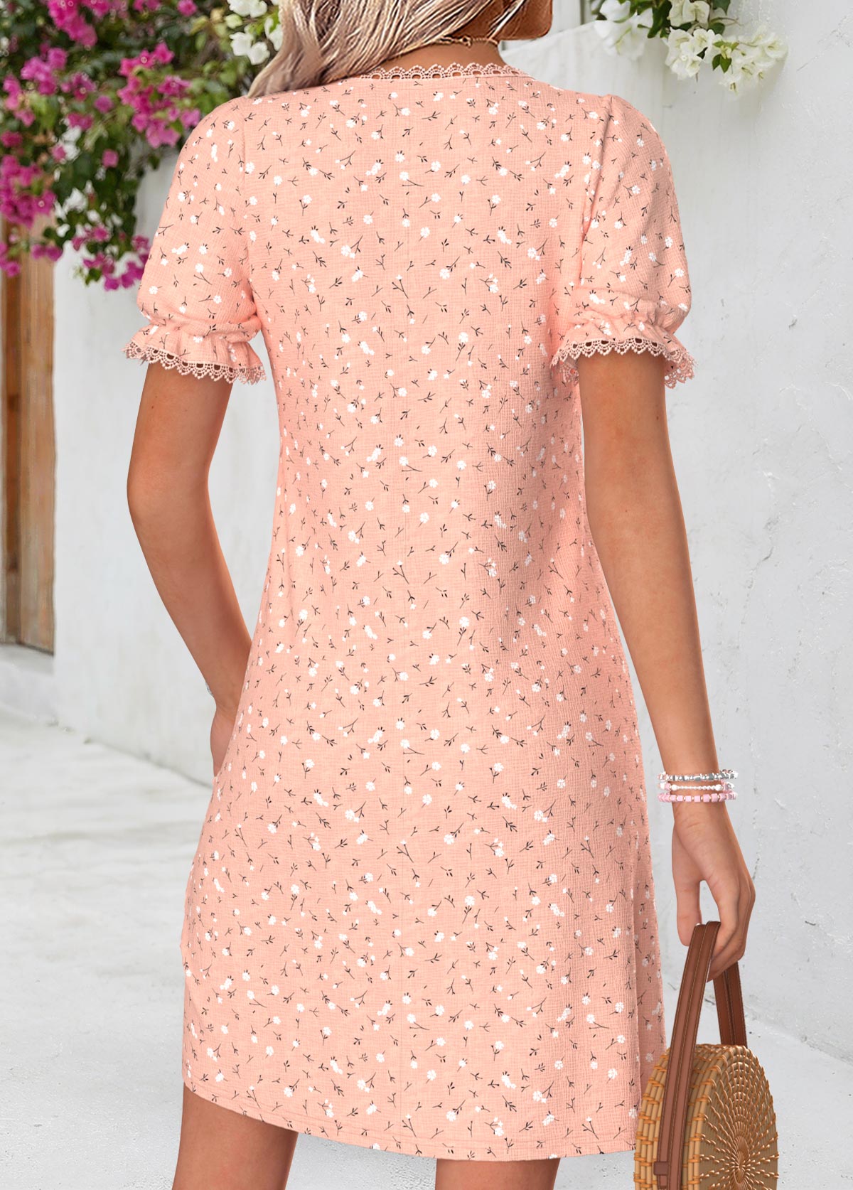 Pink Ditsy Floral Print Short Tuck Stitch Dress | picture 