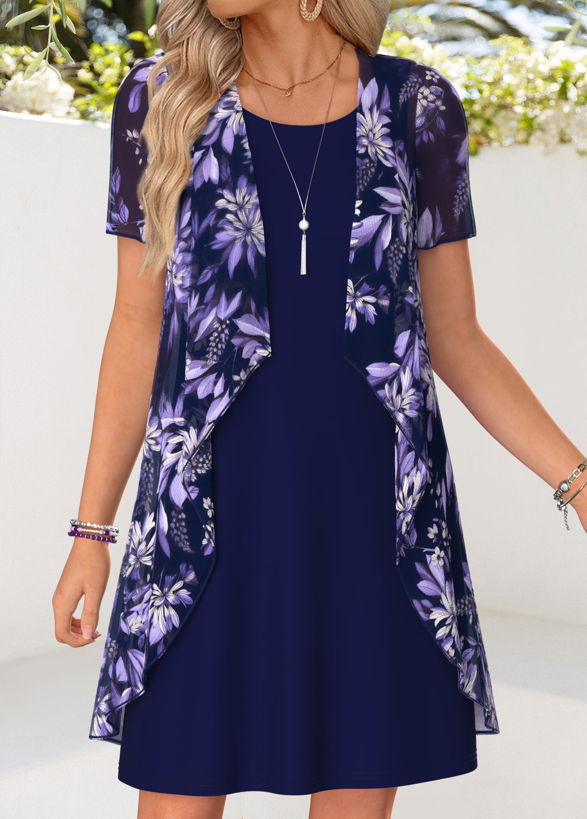 Navy Floral Print Short Two-piece Dress and Cardigan | picture 