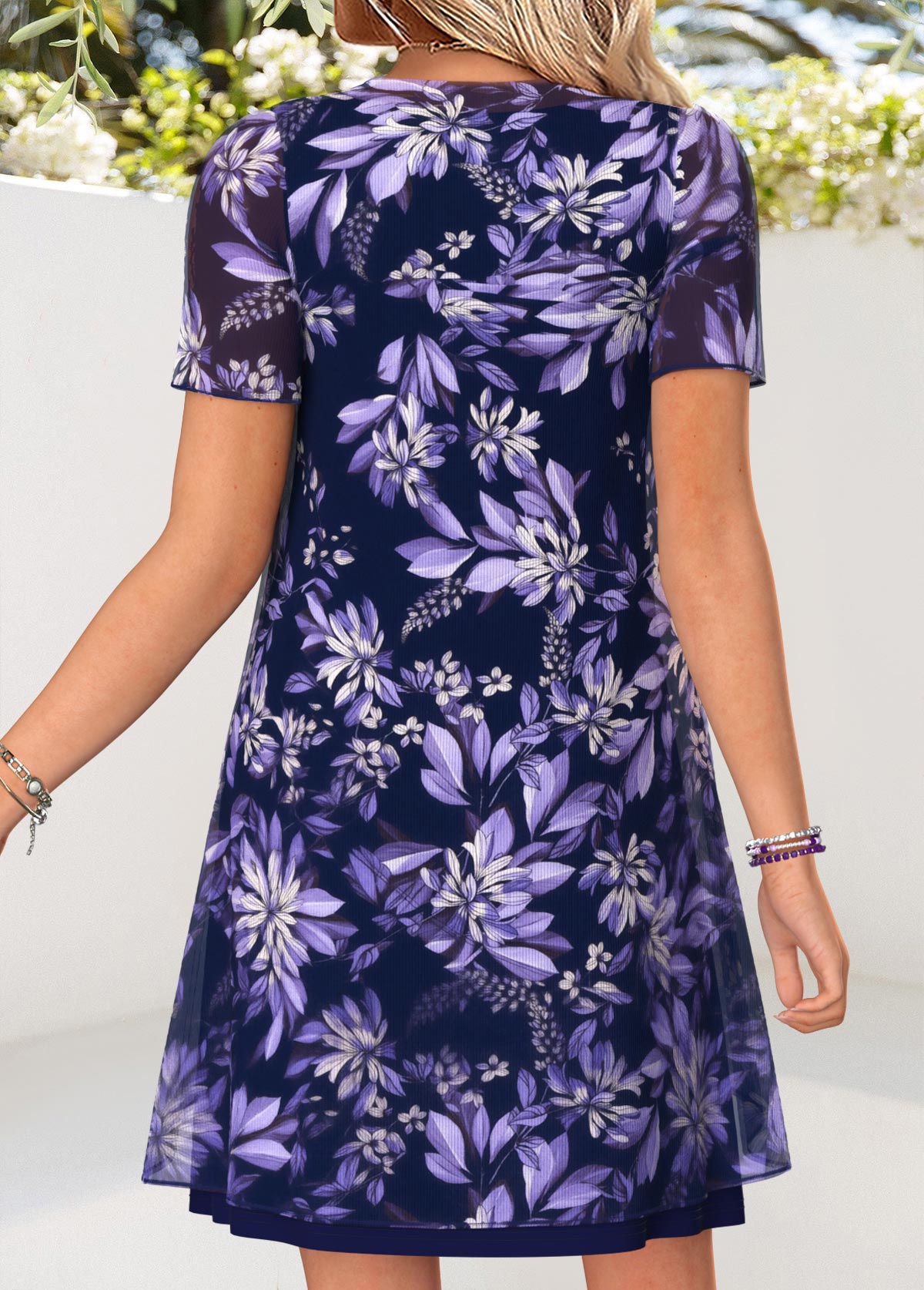 Navy Floral Print Short Two-piece Dress and Cardigan | picture 